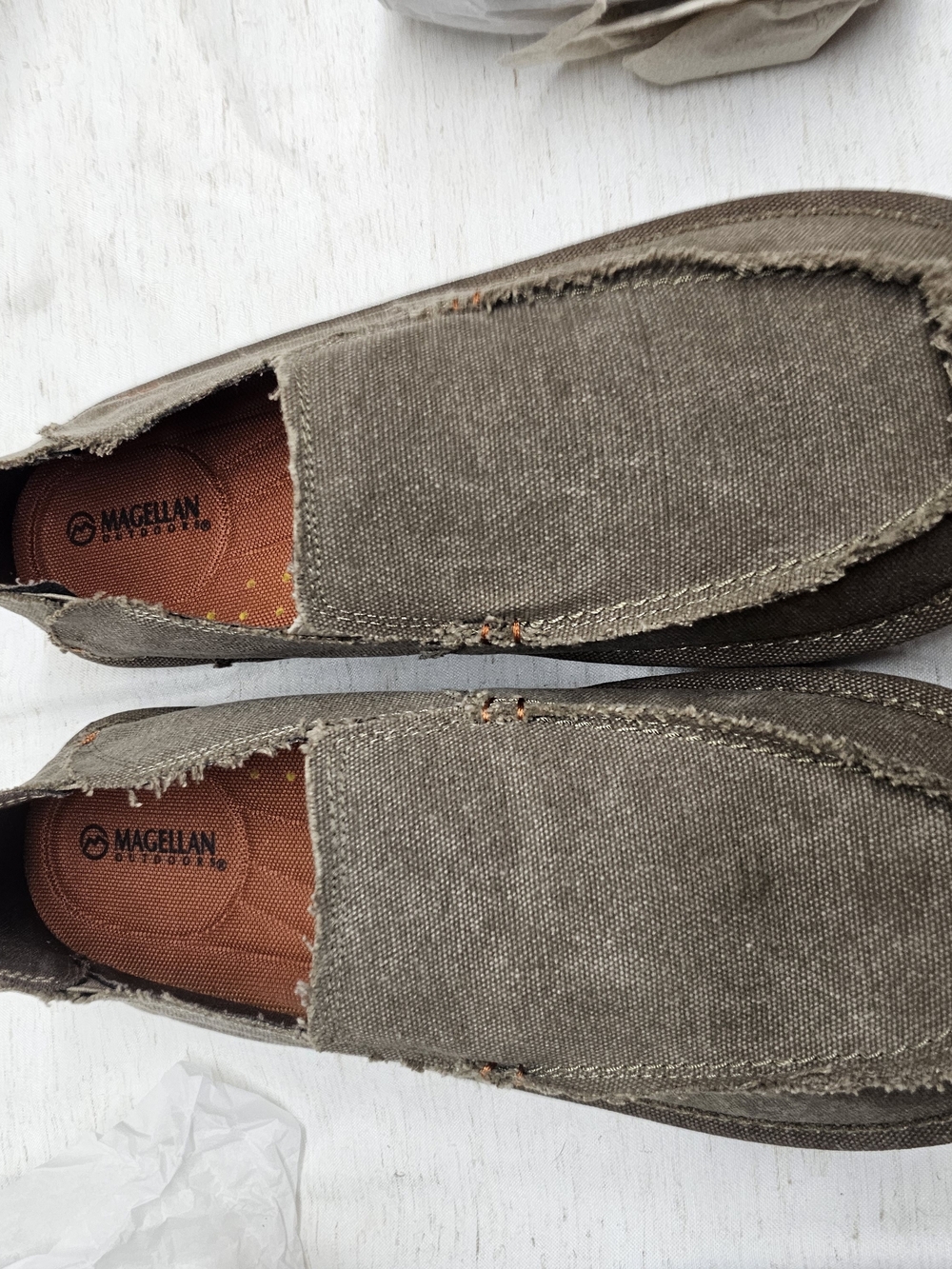 Magellan Outdoors Men's Canvas Slip-On Loafers in Olive Green with Orange Insole